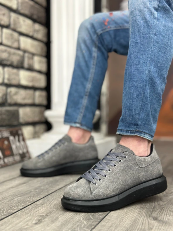 BA0547 BOA Kalın Yüksek Taban Gri Siyah Süet Bağcıklı Spor Erkek Ayakkabı - Resim 2