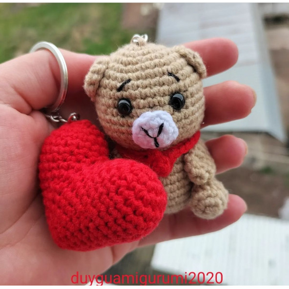 Amigurumi sevimli ayıcık anahtarlık ve kalp anahtarlık 2 li set aksesuar Hediyelik çanta araba süsü