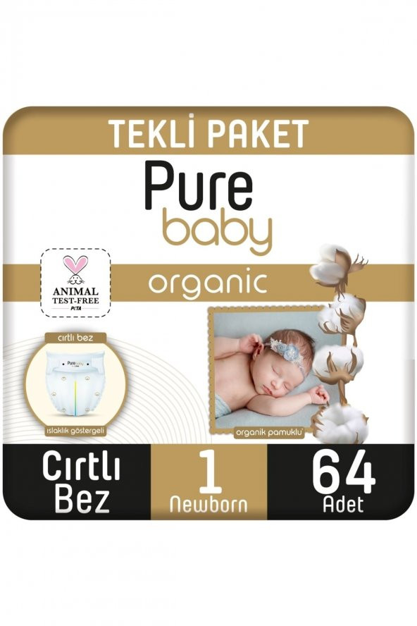 Pure Baby Organik Pamuklu Cırtlı Bez Tekli Paket 1 Numara Yenidogan 128 Adet (64x2 Paket)