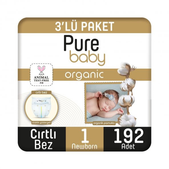 Pure Baby Organik Pamuklu Cırtlı Bez Tekli Paket 1 Numara Yenidogan 192  Adet (64x3 paket)