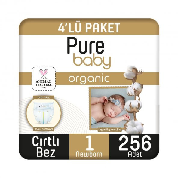 Pure Baby Organik Pamuklu Cırtlı Bez Tekli Paket 1 Numara Yenidogan 256 Adet (64x4 paket)