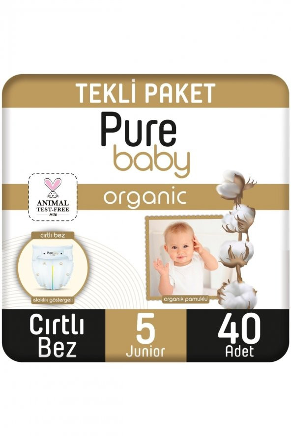Pure Baby Organik Pamuklu Cırtlı Bez 4lü Paket 5 Numara Junior 160 Adet