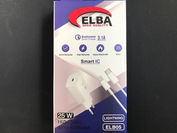 Elba ELB05-PD-25WIOS Beyaz 25W Usb-c Ev Şarj Kafa+1mt Type-c To Lightnıng Kablo PD3.0-QC4.0 Hızlı Ş