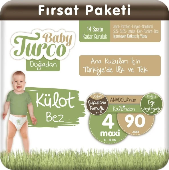 Baby Turco Doğadan 4 Numara Maxi 90lı Bebek Bezi