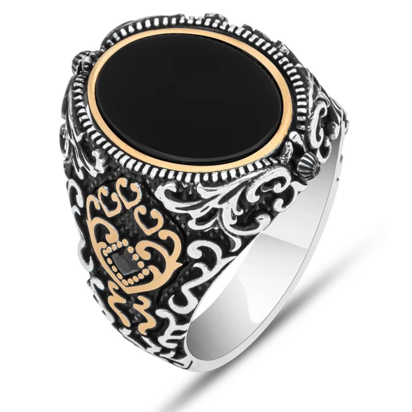 Çift Taraflı Ayyıldız Oniks Taşlı 925 Gümüş Erkek Yüzük - 3