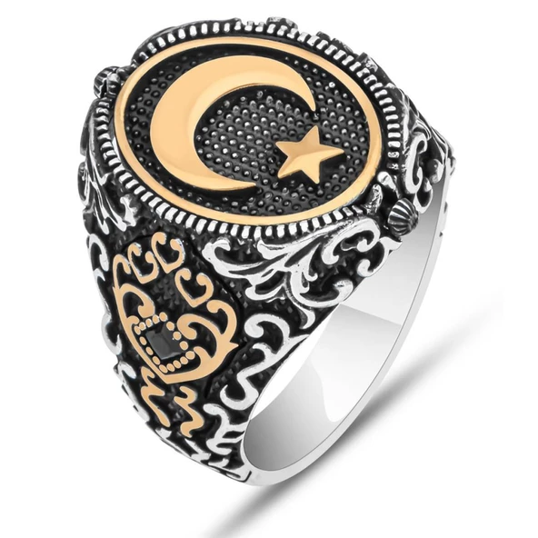 Çift Taraflı Ayyıldız Oniks Taşlı 925 Gümüş Erkek Yüzük - 2