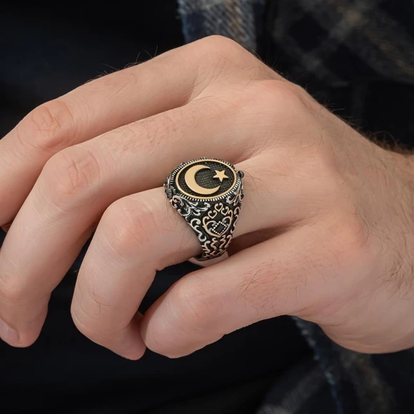 Çift Taraflı Ayyıldız Oniks Taşlı 925 Gümüş Erkek Yüzük - 8