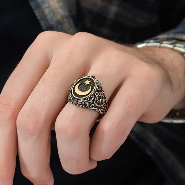 Çift Taraflı Ayyıldız Oniks Taşlı 925 Gümüş Erkek Yüzük - 5