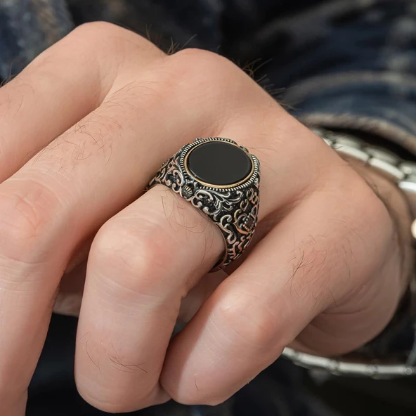 Çift Taraflı Ayyıldız Oniks Taşlı 925 Gümüş Erkek Yüzük - 9