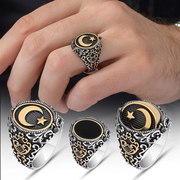 Çift Taraflı Ayyıldız Oniks Taşlı 925 Gümüş Erkek Yüzük - 11