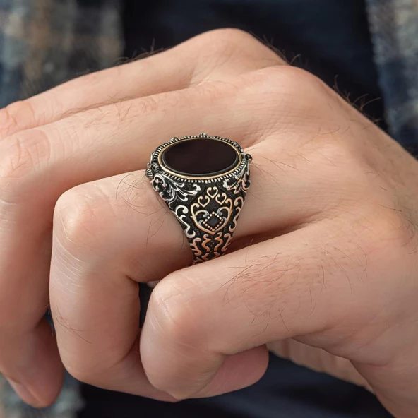 Çift Taraflı Ayyıldız Oniks Taşlı 925 Gümüş Erkek Yüzük - 10