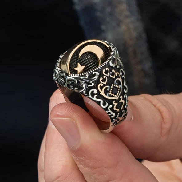 Çift Taraflı Ayyıldız Oniks Taşlı 925 Gümüş Erkek Yüzük - 6