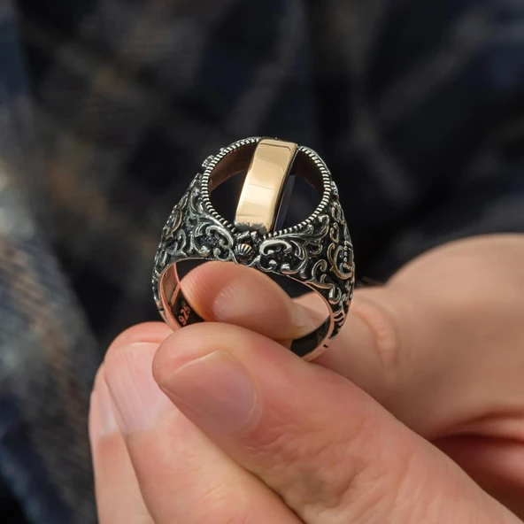 Çift Taraflı Ayyıldız Oniks Taşlı 925 Gümüş Erkek Yüzük - 7