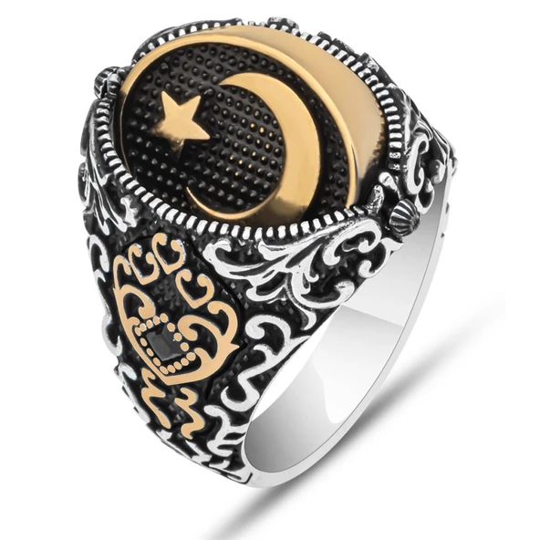 Çift Taraflı Ayyıldız Oniks Taşlı 925 Gümüş Erkek Yüzük - 4