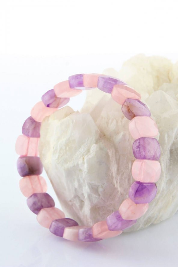 Ametist - Pembe Kuvars Doğal Taş Geniş Kesim Bileklik 15 mm