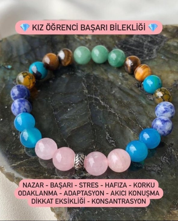 Doğal Taş Kız Öğrenci Başarı Bilekliği (Kaplangözü,Pembe Kuvars,Turkuaz, Akik,Sodalit ve Aventurin)