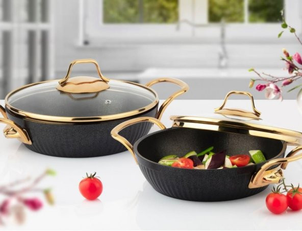 Lines Maya Granit Desenli 4 Parça Sahan Set Altın Kulp Siyah - 2