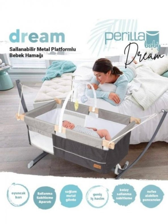 Dream Ahşap Kenarlı Cibinlikli Oyuncaklı Bebek Hamak Beşik