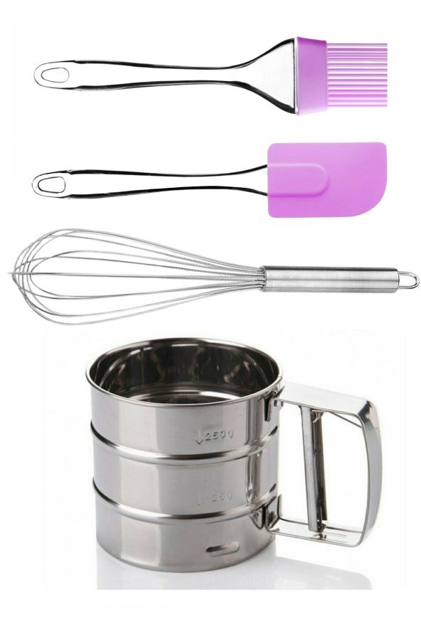 Un Eleği Basmalı Şeker Pudra Elek + Çelik Yumurta Çırpıcısı + Yumurta Fırçası + Silikon Spatula