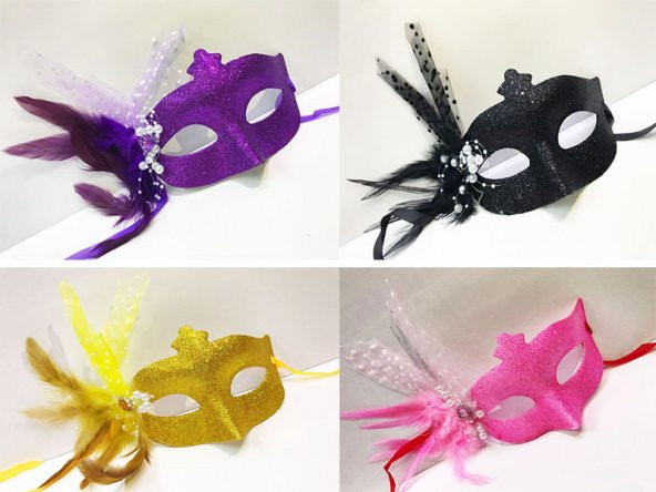 Simli Yılbaşı Venedik Tüylü Parti Maskesi Karışık Renk 12 Adet