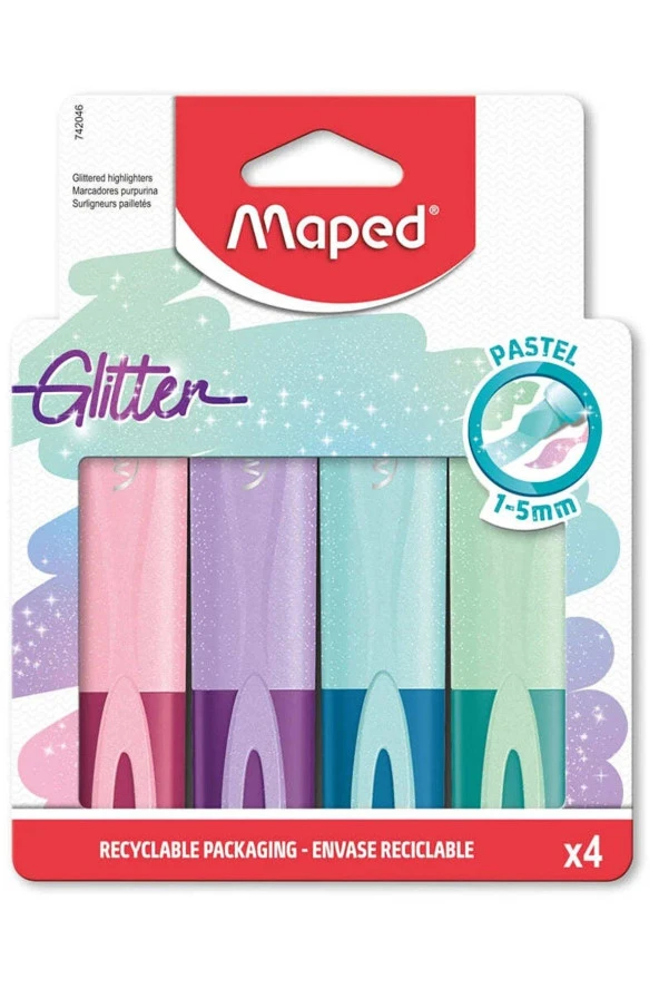 Maped Fosforlu Kalem Glitter Pastel Kesik Uçlu 1-5mm 4 Renk Fosforlu İşaretleme Kalemi