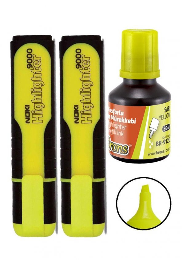 Fosforlu İşaret Kalemi Sarı Doldurulabilir 2 Adet ve Mürekkebi 30ml 1 Adet Fosforlu Neon Kalem
