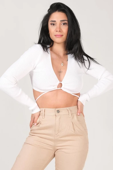 Kadın Ön Bağcıklı Crop Triko Hırka Ekru