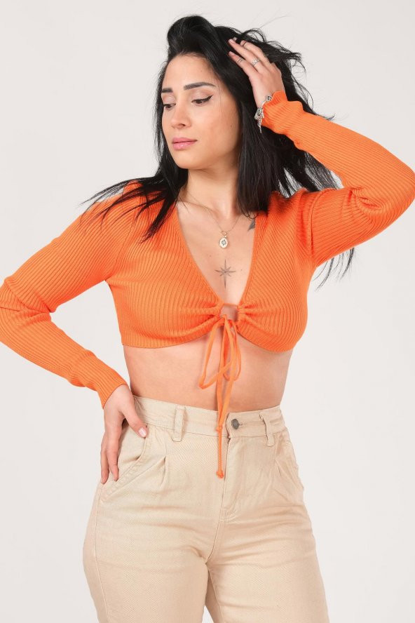 Kadın Ön Bağcıklı Crop Triko Hırka Turuncu