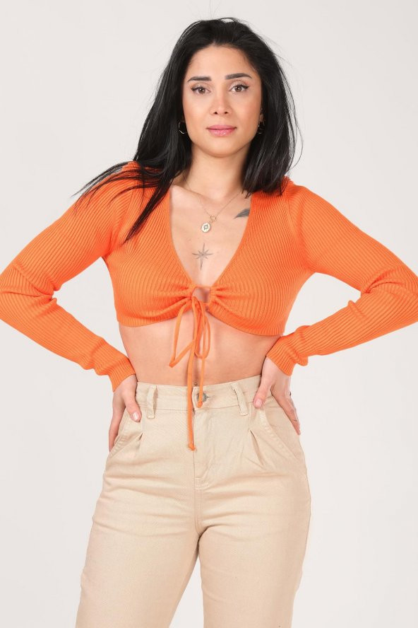 Kadın Ön Bağcıklı Crop Triko Hırka Turuncu - 3