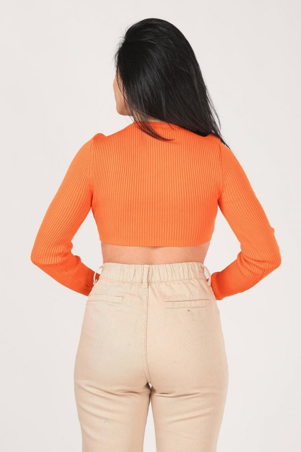 Kadın Ön Bağcıklı Crop Triko Hırka Turuncu - 4