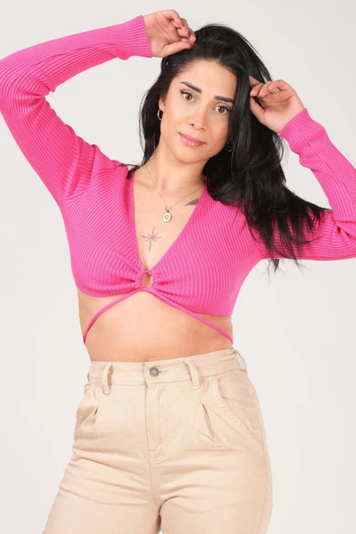 Kadın Ön Bağcıklı Crop Triko Hırka Fuşya - 2