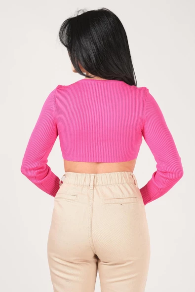 Kadın Ön Bağcıklı Crop Triko Hırka Fuşya - 5
