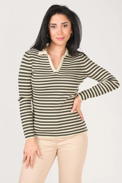 Kadın Polo Yaka Çizgili Triko Kazak Taş - 4