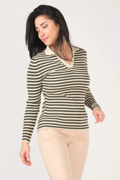 Kadın Polo Yaka Çizgili Triko Kazak Taş