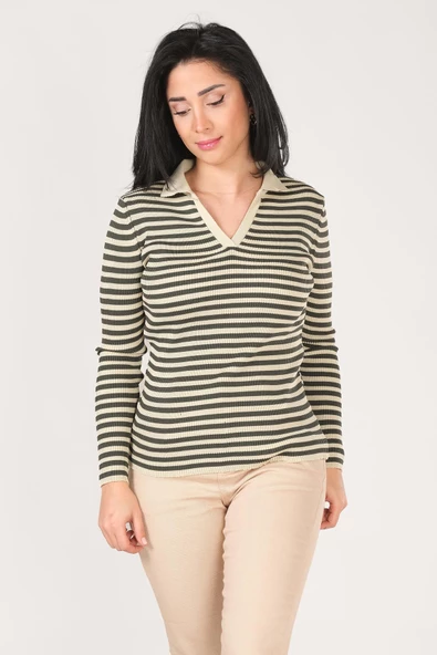 Kadın Polo Yaka Çizgili Triko Kazak Taş - 3