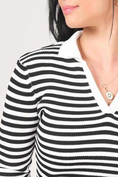 Kadın Polo Yaka Çizgili Triko Kazak Beyaz - Resim 6
