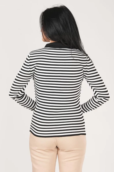 Kadın Polo Yaka Çizgili Triko Kazak Siyah - Resim 5