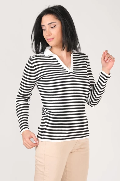 Kadın Polo Yaka Çizgili Triko Kazak Beyaz - Resim 3