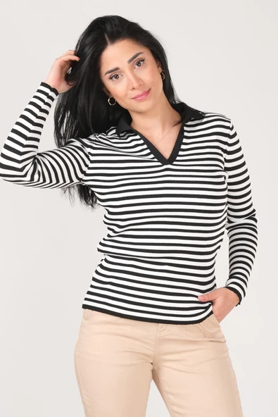 Kadın Polo Yaka Çizgili Triko Kazak Siyah ürün görseli