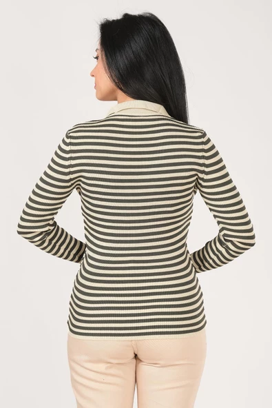 Kadın Polo Yaka Çizgili Triko Kazak Taş - 5