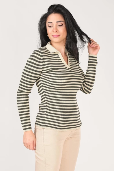 Kadın Polo Yaka Çizgili Triko Kazak Taş - 2