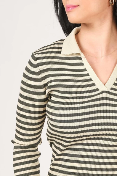 Kadın Polo Yaka Çizgili Triko Kazak Taş - 6