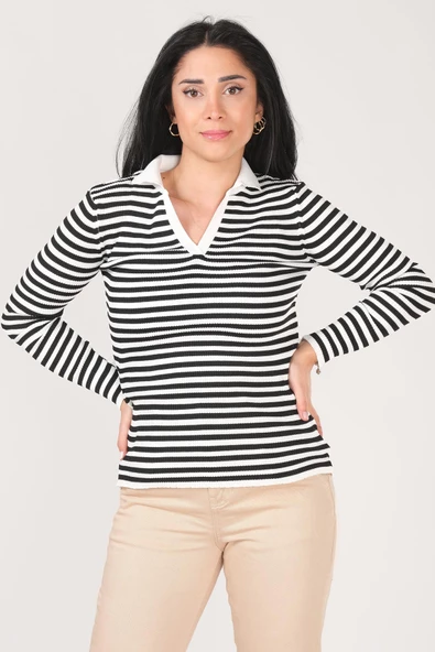 Kadın Polo Yaka Çizgili Triko Kazak Beyaz - Resim 2