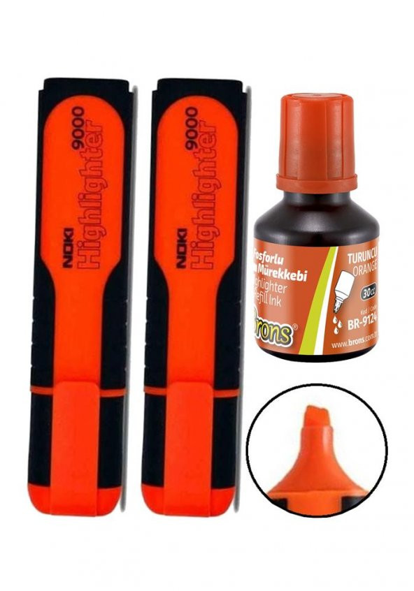 Fosforlu İşaret Kalemi Turuncu Doldurulabilir 2 Adet ve Mürekkebi 30ml 1 Adet Fosforlu Neon Kalem