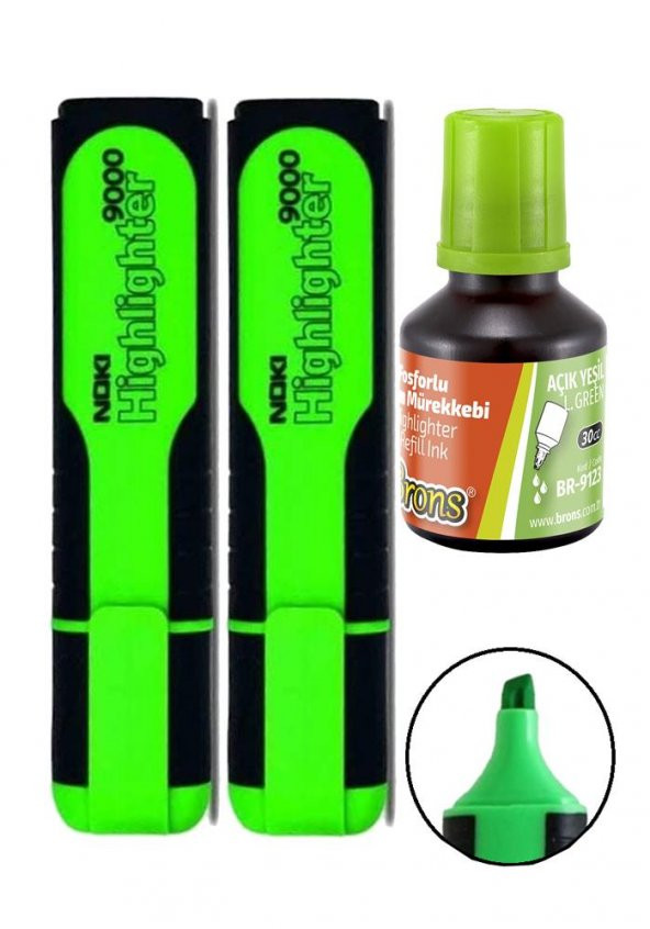 Fosforlu İşaret Kalemi Yeşil Doldurulabilir 2 Adet ve Mürekkebi 30ml 1 Adet Fosforlu Neon Kalem