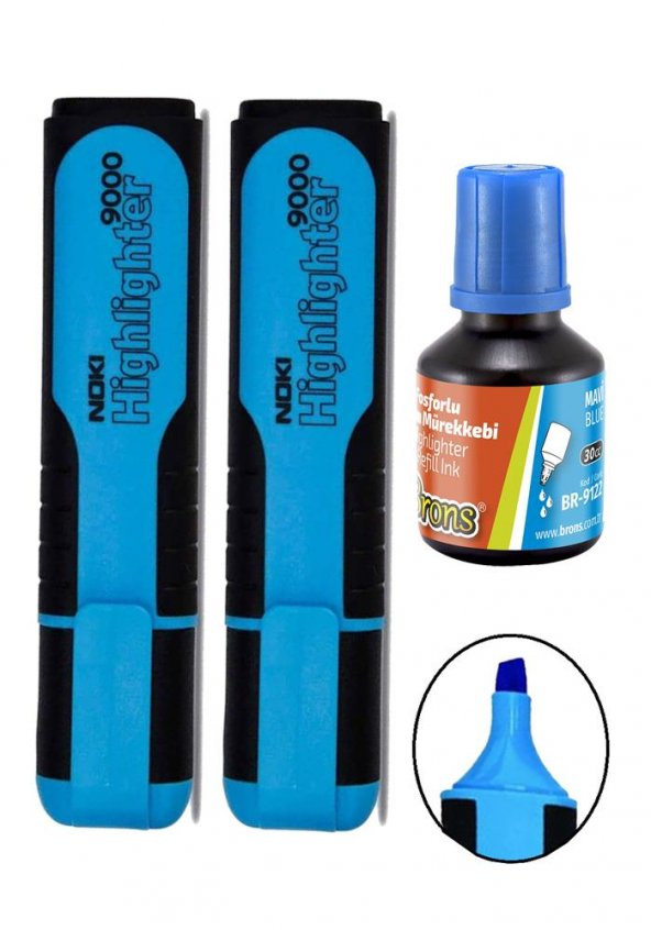 Fosforlu İşaret Kalemi Mavi Doldurulabilir 2 Adet ve Mürekkebi 30ml 1 Adet Fosforlu Neon Kalem