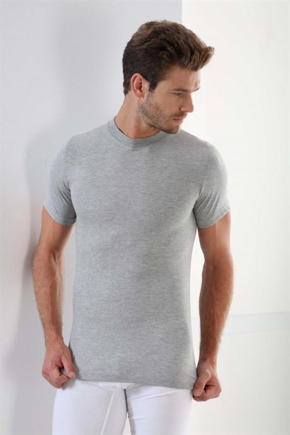 Gri Erkek Basic Slim Fit %100 Pamuk Sıfır Yaka Kısa Kollu T-Shirt