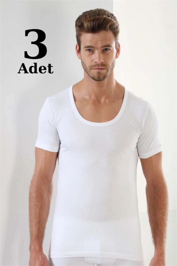 Erkek Beyaz T-Shirt Bisiklet Yaka Kısa Kollu %100 Pamuk 3'lü Paket