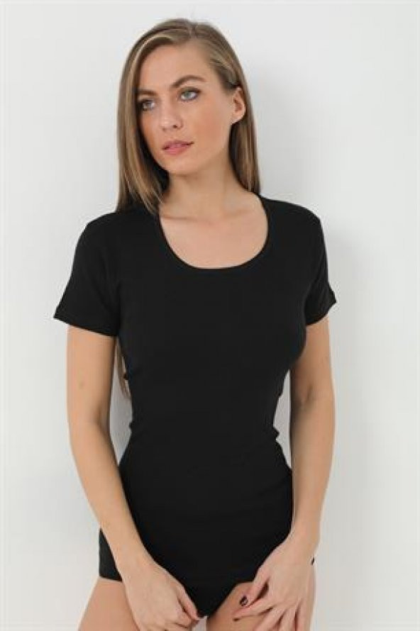 Kadın 2'li Basic T-Shirt Siyah Kısa Kollu %100 Pamuk Ribana