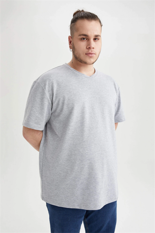 Erkek Büyük Beden Tişört Gri Sıfır Yaka %100 Pamuk